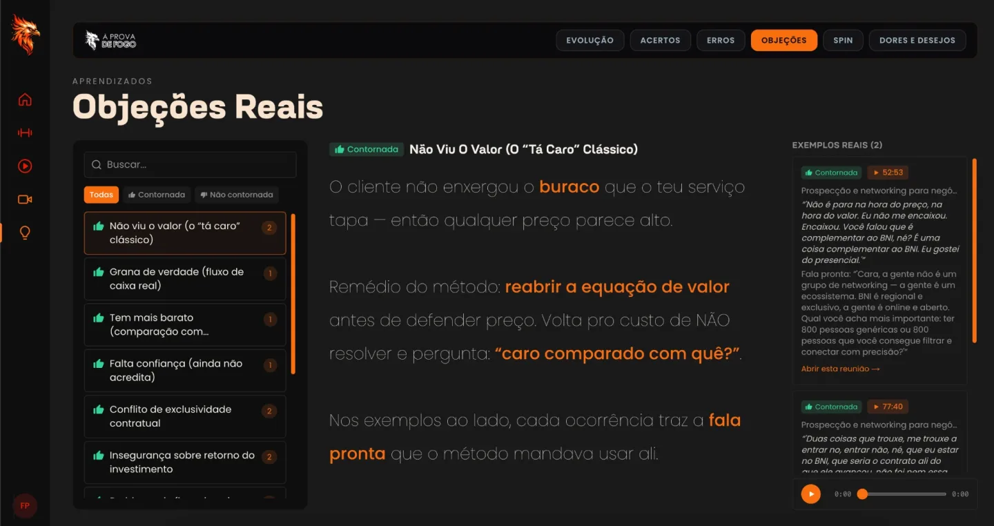 Aba Objeções Reais com a fala pronta de cada objeção