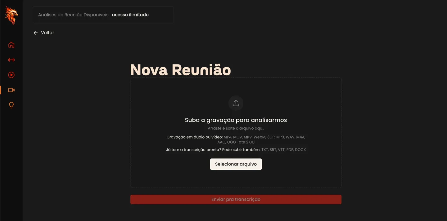 Tela de upload com os formatos aceitos e o limite de tamanho