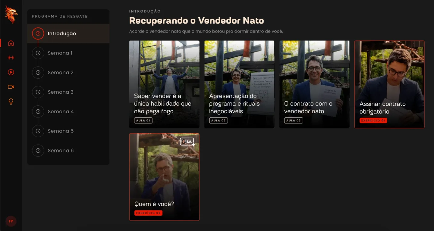 Programa organizado em semanas na barra lateral