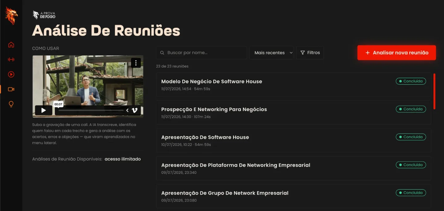 Lista de reuniões com o status Concluída